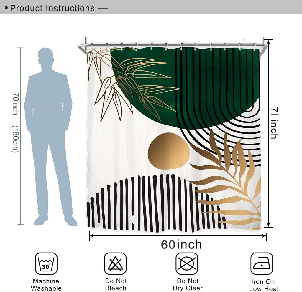 Abstract Leaves Shower Curtain Set Emerald Green Modern Tropical Mid Century Simple Minimalist Chic Polyester Waterproof Cloth