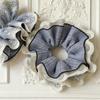 Smog Blue Plaid Lace Scrunchie - Elegant Korean-Inspired High-Class Bun Accessory.