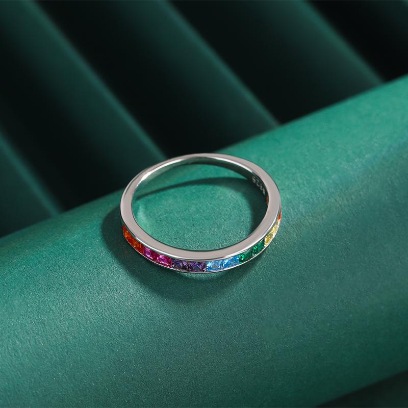 Stylová kolekce Rainbow Square plná zirkonových párových prstenů pro ženy Originální originální šperky Sterling S925 Silver Valentine