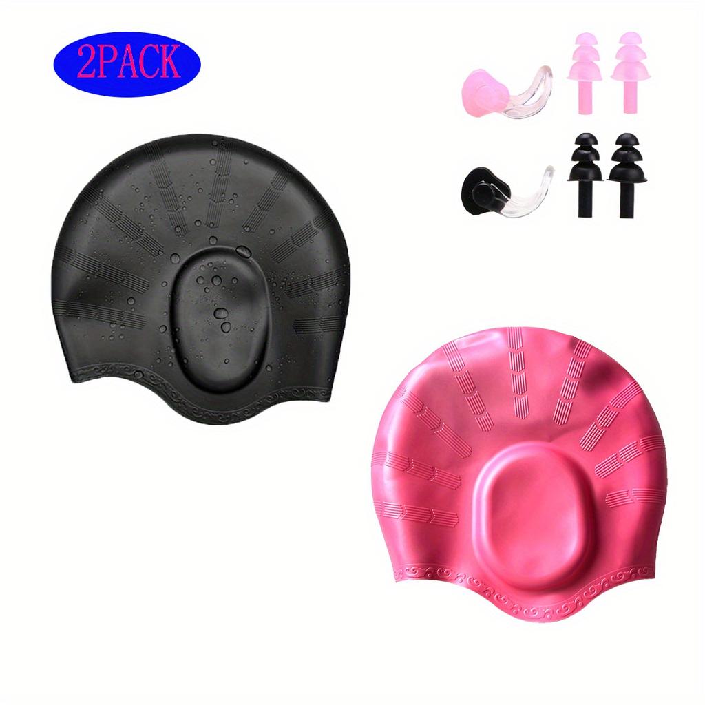 2pcs Silicone Swim Caps with Waterproof, 3D Fit Design for Men & Women with Long Hair, Includes Black & Blue Caps + Earplugs