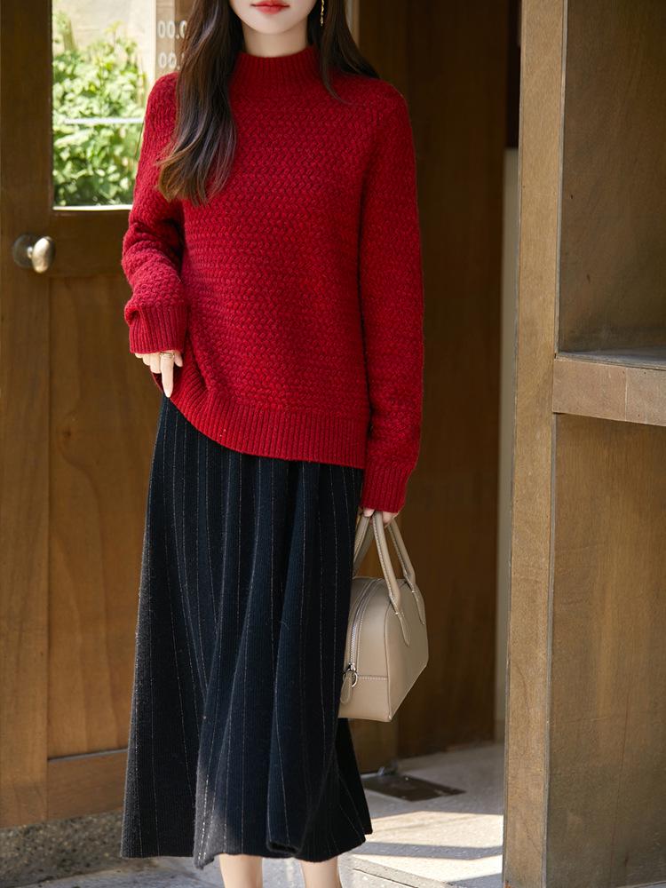 Women's Marled Wool Sweater - Thickened Half-High Neck, Basketweave Loose Pullover, Lazy Style Base Layer Top