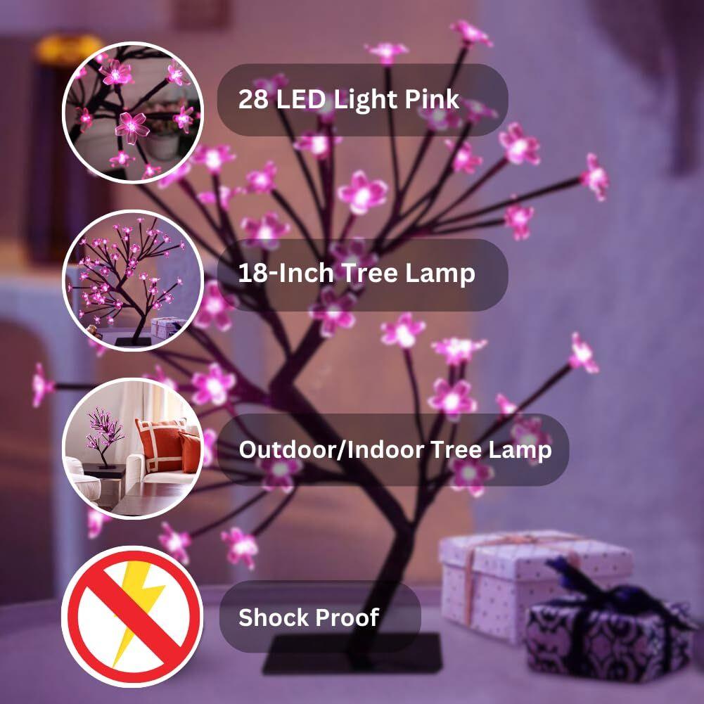 18-Inch LED Cherry Blossom Bonsai Tree Lamp with 28 Pink LEDs | Adjustable Silicone Branches | Corded Electric Night Light for Room, Home & Gift Décor