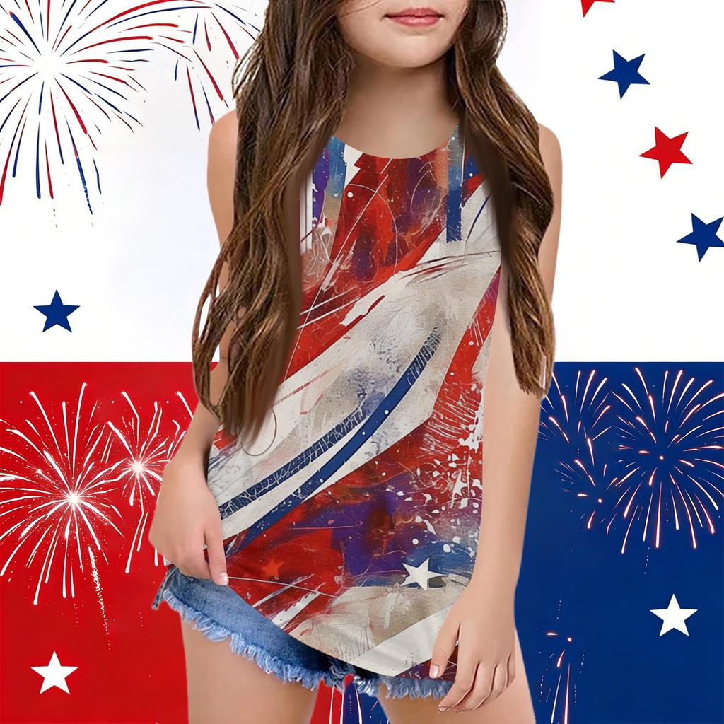 Girls  Kids Summer Crewneck Sleeveless Shirts Tank Tops Independence Day