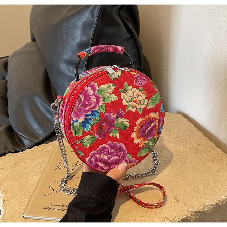 Damen-Sommertasche, großes Blumen- und kleines rundes Design.