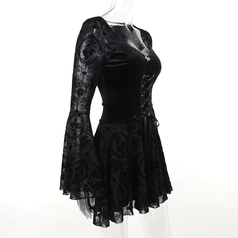 Gothic Goth Dark Elegant Vintage Velvet Dress Grunge Punk Bandage Women Flare Sleeve Party Outfit