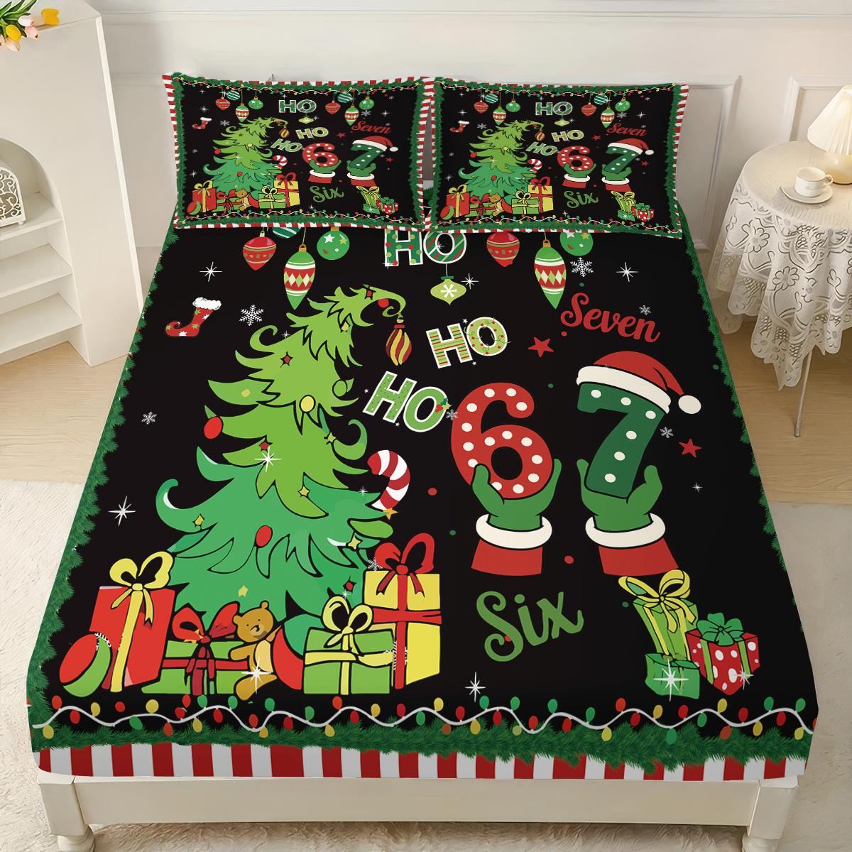 

3Pcs Green Christmas Tree 67 Element Printed Coreless Bedsheet Set, Multi Size Bed Cover, Bedroom Bedding, Holiday Decorations 90x191cm