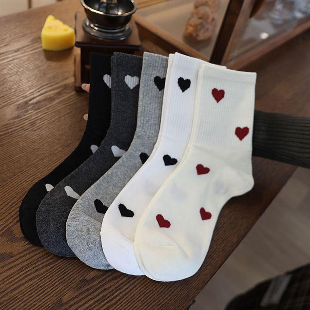 5Pairs Harajuku Patchwork Color Socks Heart Pattern Mid Tube Socks Love Mid-Calf Socks Sports