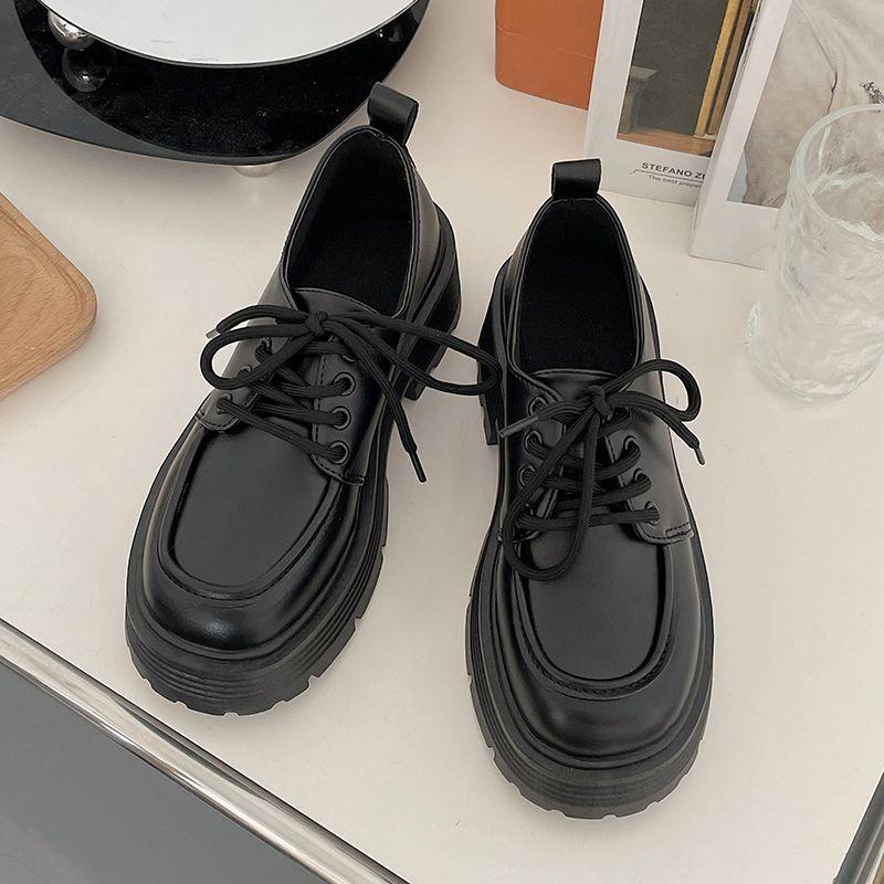 

Thick heel heightened thick sole small leather shoes women s spring and summer retro lace-up single shoes round head women s shoes 35 матовий чорний колір
