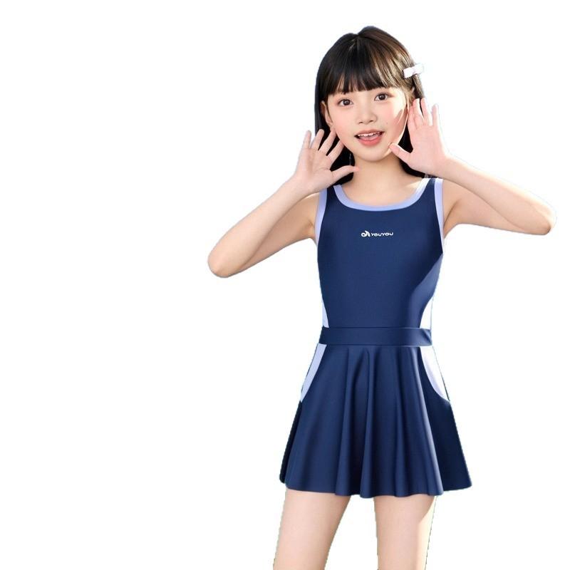 Childrens Swimsuit Girl Onepiece Sunscreen Dress With Detachable Bra For Water Sports