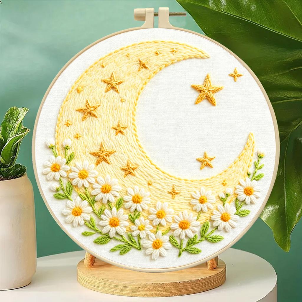 DIY Hand Embroidery Kit with Floral Moon Design for Bedroom Wall Decor, 20cm Hoop, Scissors and Needle Threader
