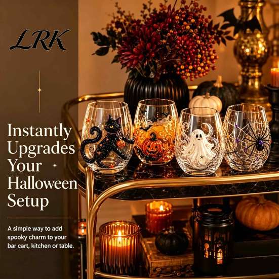 Graviertes saisonales Trinkgeschirr Halloween Glasbecher, Geprägter Kürbis Geist Katze Fledermaus Trinkglas, Herbst Tischdekorationen Gruselige Stiellose Getränke