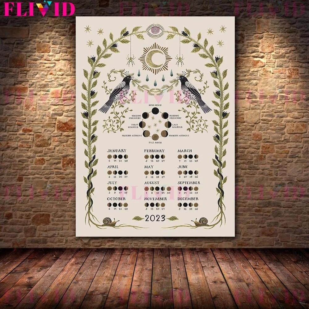 

2023 Луна Викка Календарь Плакат и принт Оккультный Бохо Декор Лунной фазы Настенная живопись на холсте для гостиной без рамки