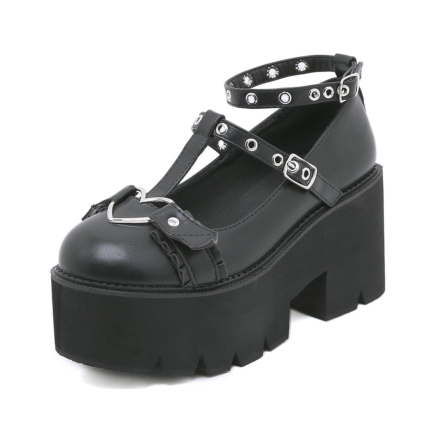 

Mary Jane Small Leather Shoes New Love Buckle Cross Wings Lacing Hollow Out British Style Thick Soled Single Shoes 35
