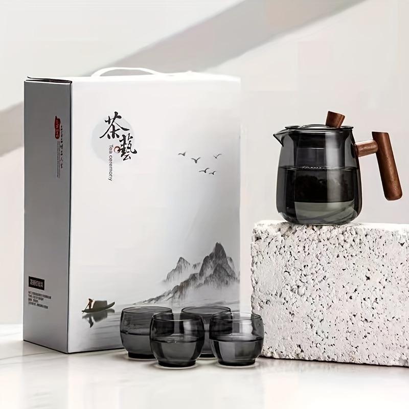 1pc/1set Glass Tea Set Teapot 530ml/17.9oz Tea Cup 90ml/3oz Wooden Handle Teapot Household High Temperature Resistant Tea Maker Tea Kettle Perfect For