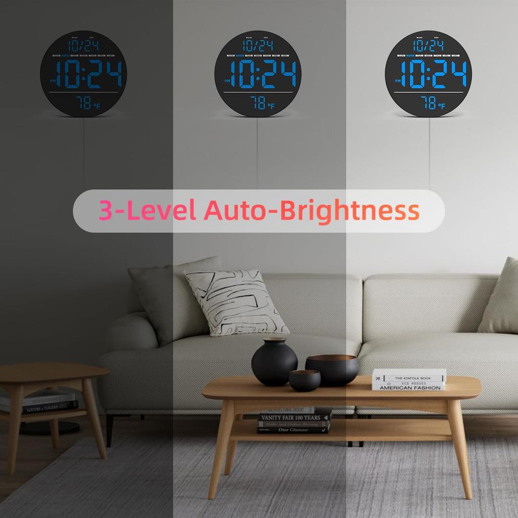 Digital Wall Clock with Large LED Display, Auto-Brightness, Temperature, Low-Reflectivity, Small Silent Non-Ticking Wall Clock