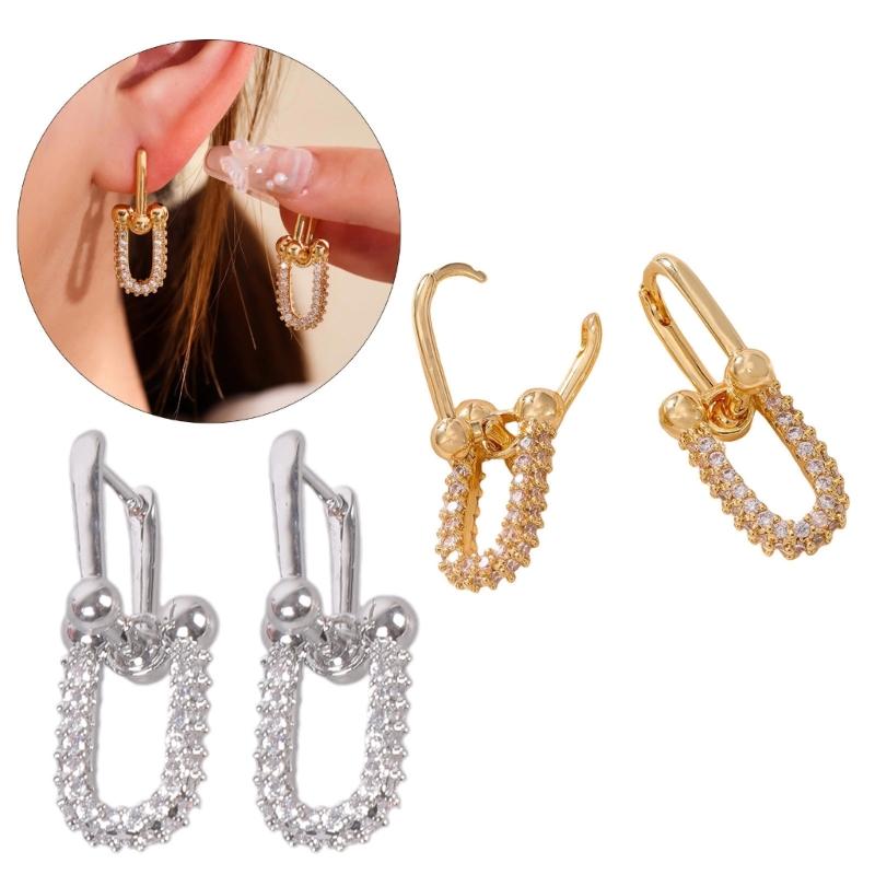 Unique Gold/Silver Plated Horseshoe Earrings U Shaped Convertible Link Huggie Zirconia Double Hoop Earrings for Women