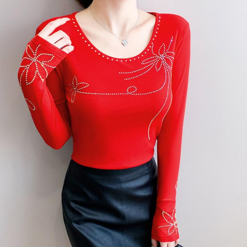 Spring Autumn Women's Hotfix Rhinestone T-Shirt Elegant O-neck Full Sleeve Tees Slim Ladies Tops