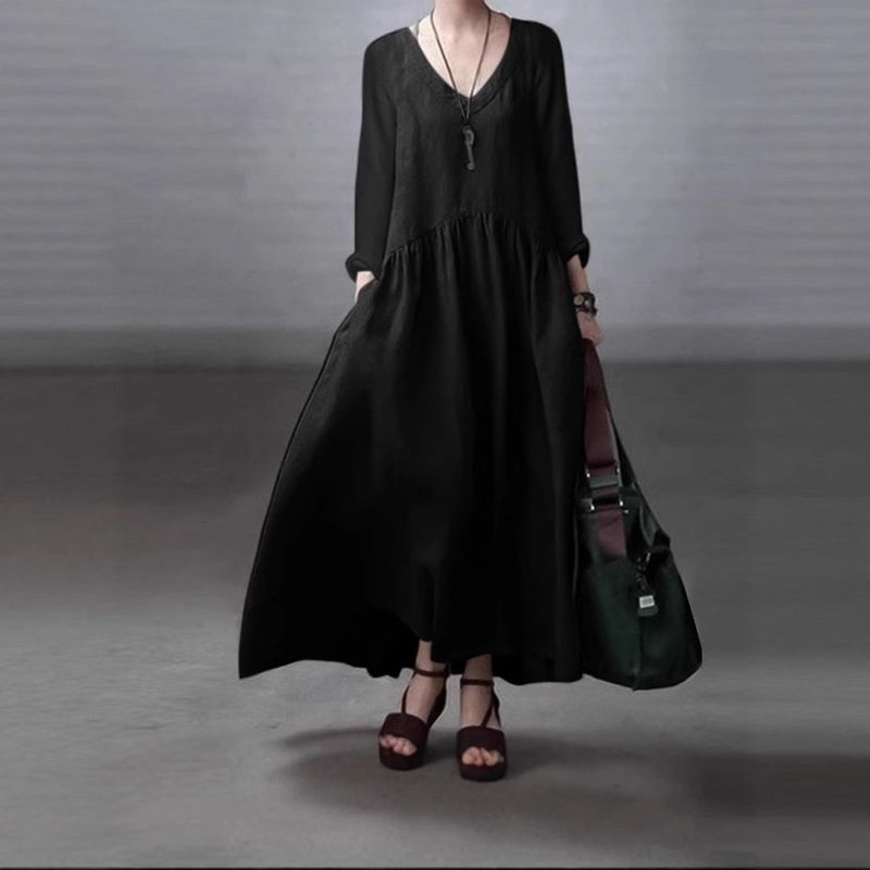 

2025 New Spring and Autumn Fashion Long-Sleeved V-Neck Cotton and Linen Vest Dress for Women Casual Pure Color Loose Long Dress Black XL