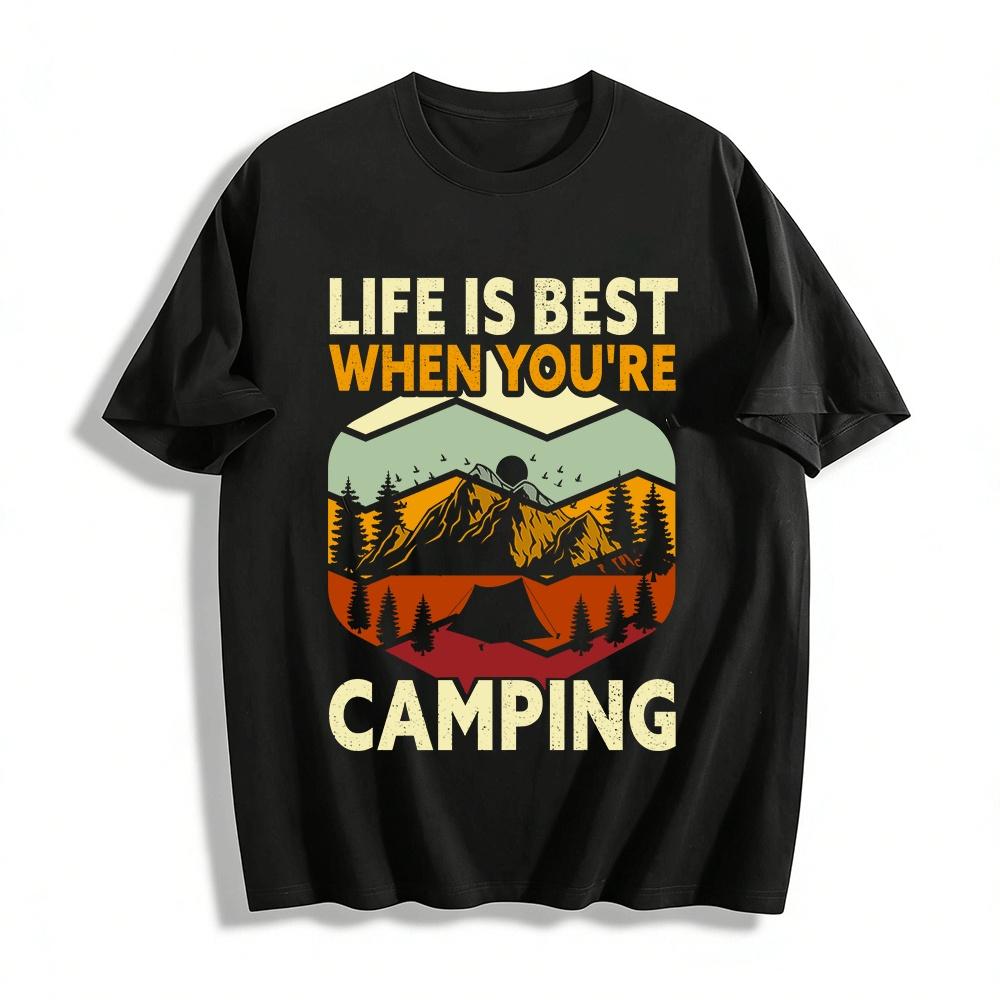

Vintage Camping Print Tee Outdoor Lover Casual Crewneck Top Pure cotton T-shirt XXS