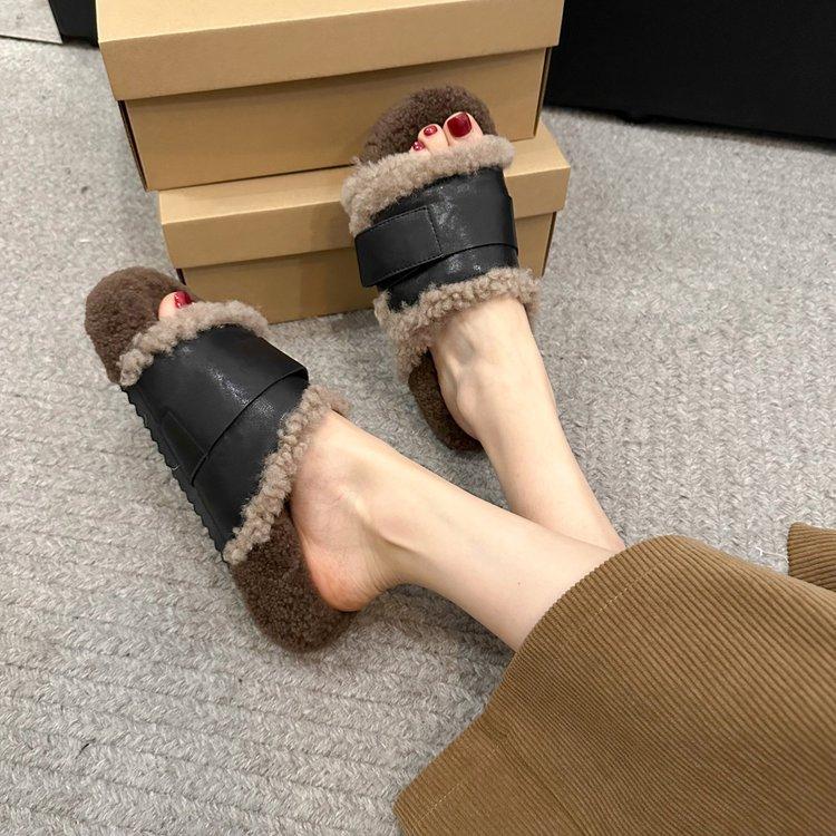 Cowhide Version! Woolen Shoes, Niche Design, Lamb Wool Thick-soled Outer Wear, Velvet One-word Slippers, Women's Autumn and Winter
