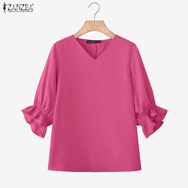 ZANZEA Summer Women V Neck 3/4 Sleeve Casual Loose Blouse