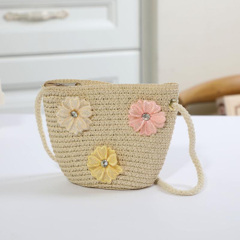 Borsa in paglia con cerniera e fiore per bambina, simpatici accessori per foto, borsa a tracolla intrecciata a mano per bambini, cestino portaoggetti, portamonete, borsa a tracolla