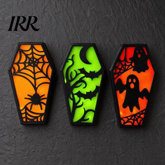 Halloween Ghost Spider Decoration Casket Decor, DIY Bat Ornament with Lights, Night Light Spooky Graveyard Scene Prop for Party Home