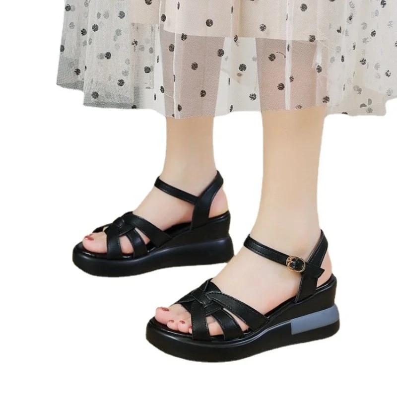 Fashion Women Summer Shoes Wedge Platform Romen Sandals Retro Thick Bottom Casual Buckle Hollow Female Shoes Chaussures Femme Ete 2024