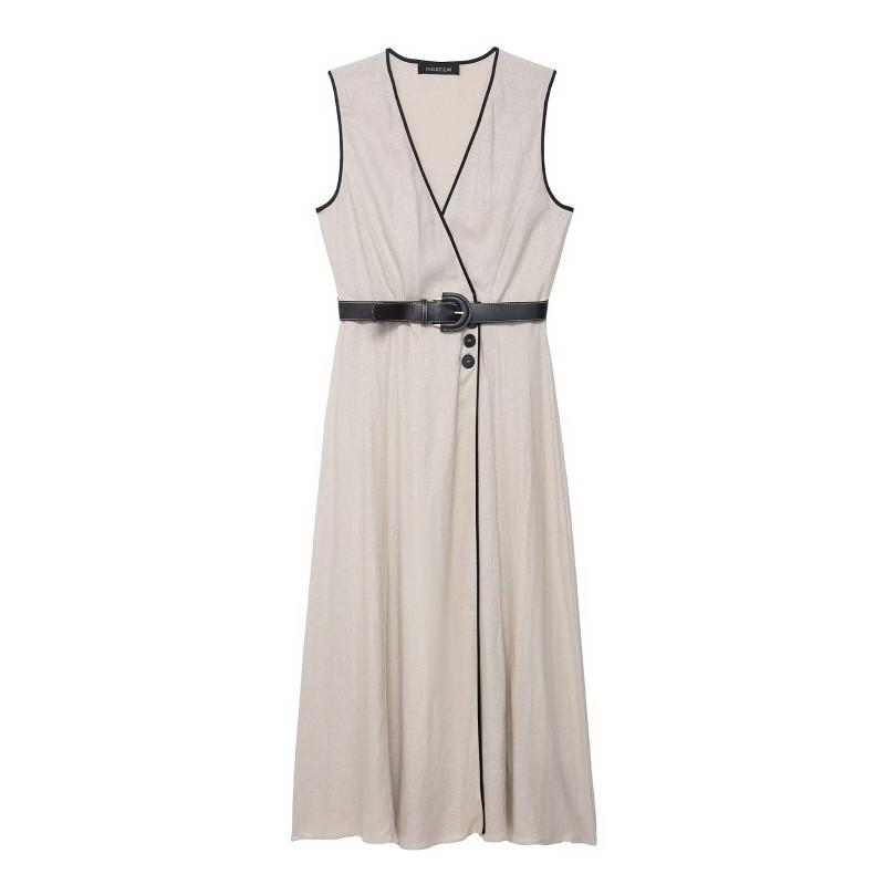 

European American Women s Clothing Summer Linen Blended Belt Sleeveless Dress L