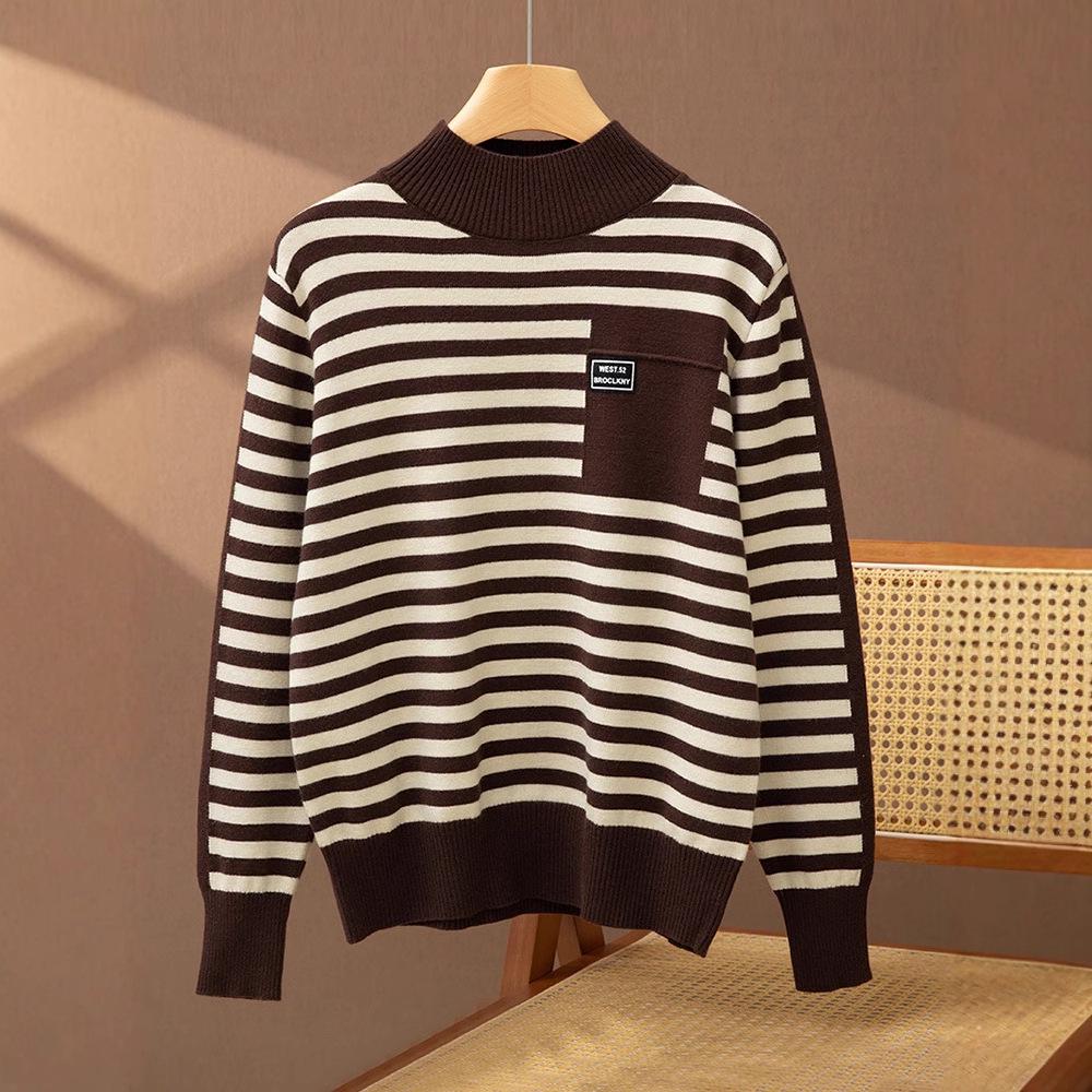 2025 Women’s Korean Style Striped Half High Neck Knitted Pullover Sweater