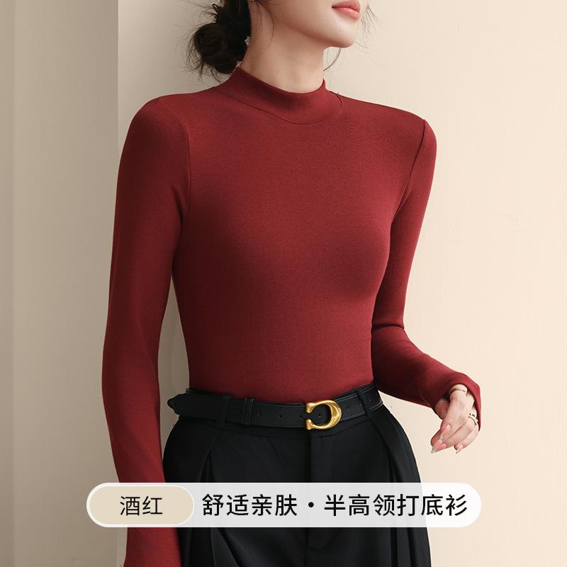 2 wool bottomed shirts for women's semi-turtleneck autumn and winter with thermal slim-fit tops and long-sleeved shirts