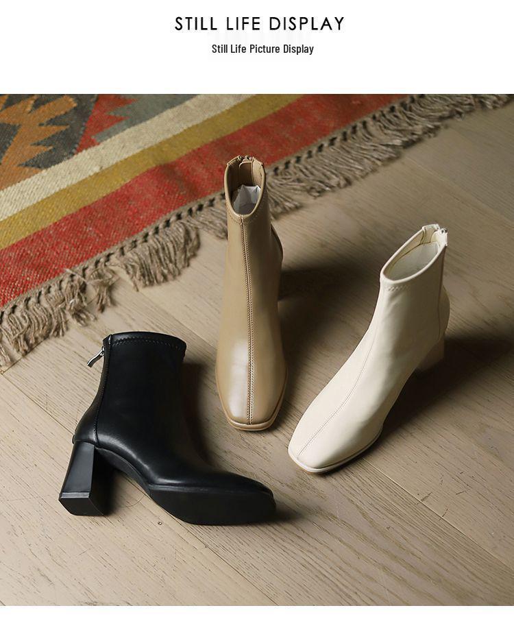 White Velvet-Lined Square Toe Chunky Heel Ankle Boots for Women - Trendy Slimming French Leather High Heels