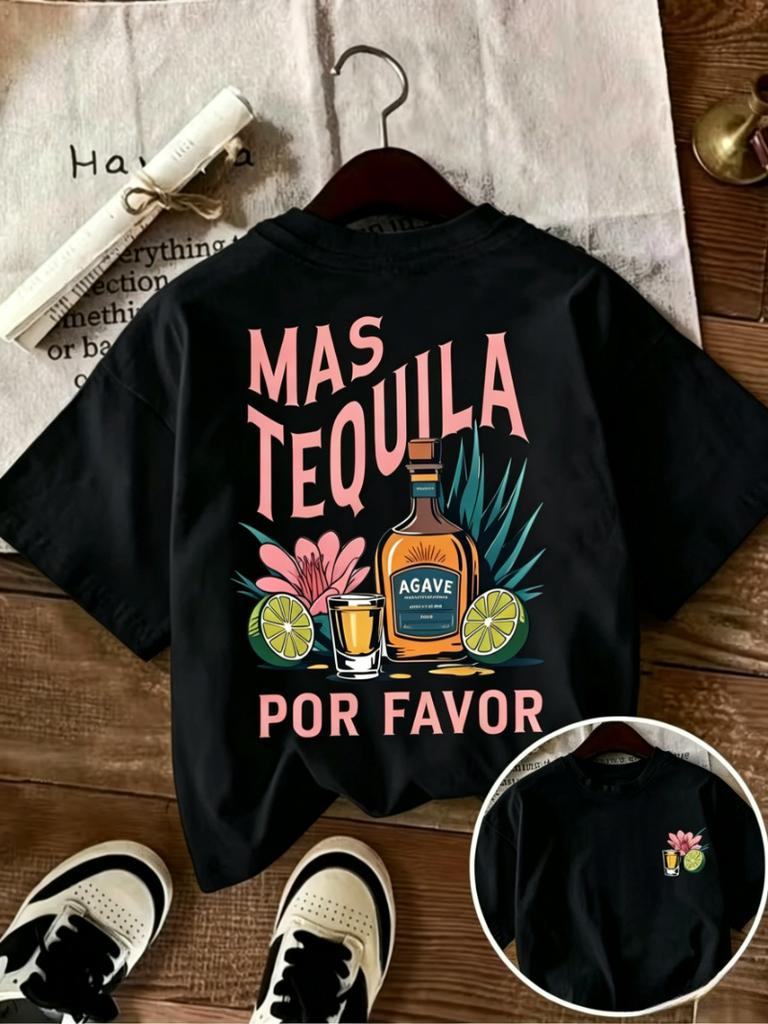 Mas Tequila Por Favor Print Tshirt Agave And Tequila Bottle Graphic Short Sleeve Round Neck Casual Tops Unisex Unisex Essential Tee