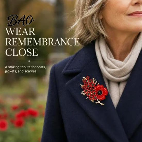 Women Memorial Jewelry Never Forgotten Victory Blossom Brooch, Red Flower Lapel Pin with Rhinestone, Alloy Badge for Veterans History Keepsake Brooch