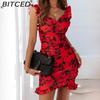 BITCED Summer Women Floral Print Butterfly Sleeve Bodycon Dress Ruffle V Neck Bandage Casual Short Sundress Female Beach Spaghetti Strap Mini Dress