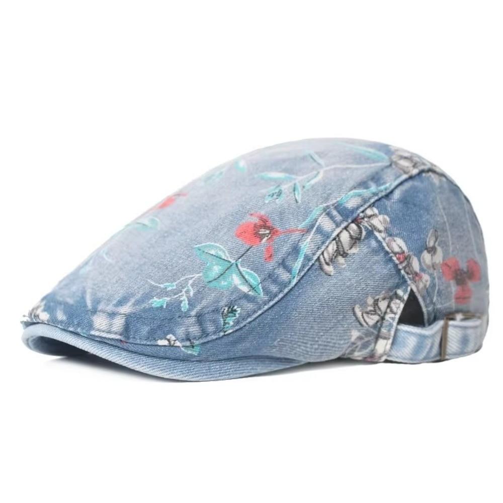 Ethnic Style Flower Print Beret Hat Thin Breathable Artistic Hat Washed Denim Adjustable Peaked Cap Women Men