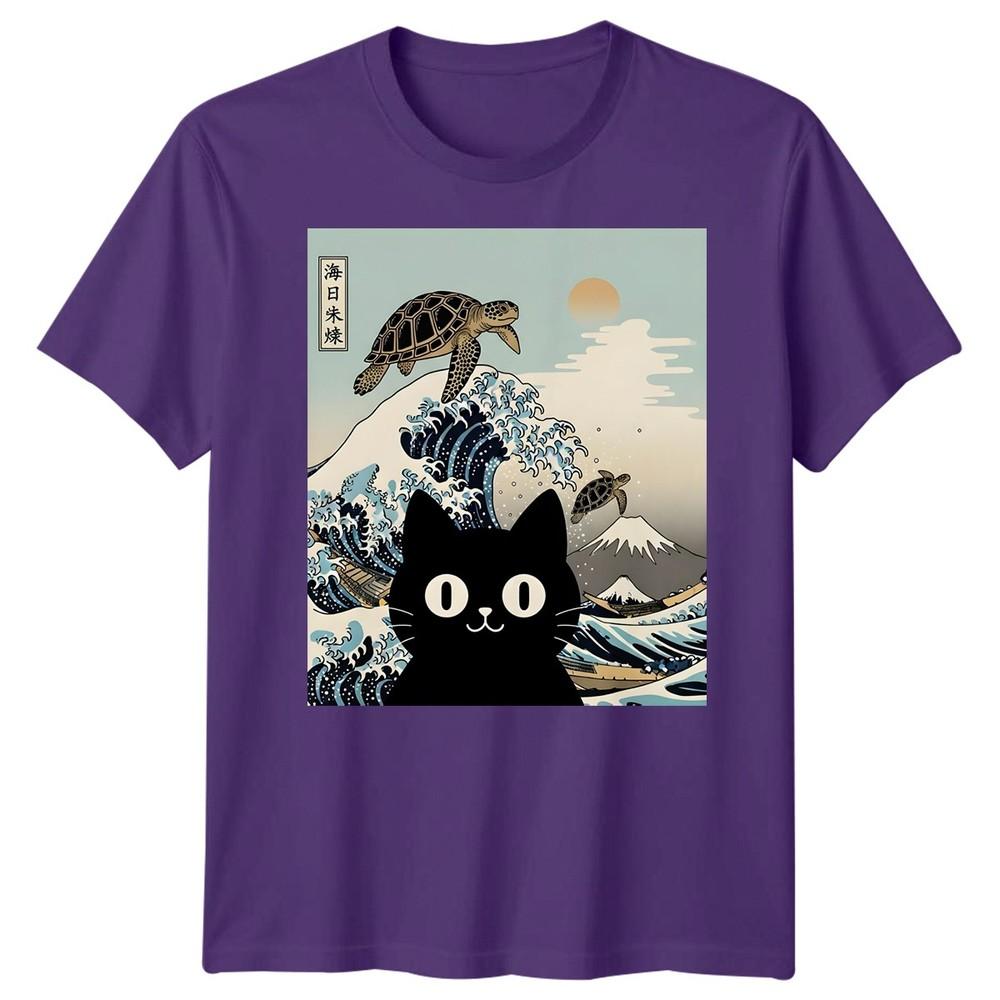 Black Cat Sea Turtle Kai Nichi Bei Yaki Japanese Art Ukiyoe Style Graphic Tee