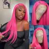 13x4 Pre‑Plucked Glueless Lace Front Wig, 24" Long Straight Dragon Fruit Pink Heat‑Resistant Synthetic Wig for Daily Cosplay Fashion