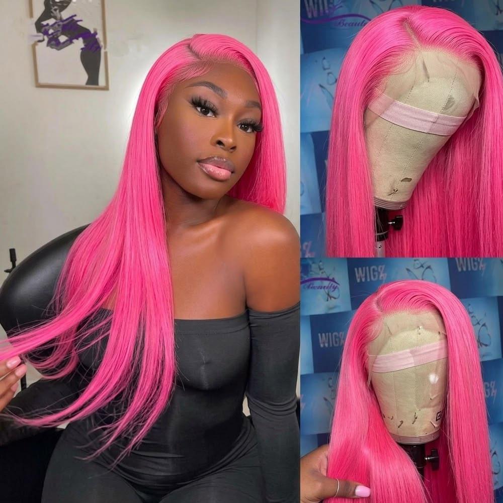 13x4 Pre‑Plucked Glueless Lace Front Wig, 24" Long Straight Dragon Fruit Pink Heat‑Resistant Synthetic Wig for Daily Cosplay Fashion