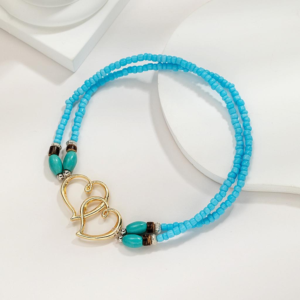 Bohemia Layered Beaded Anklet For Women Hollow Double Heart Charm Ankle Bracelet Summer Beach Vacation Foot Jewelry Gift