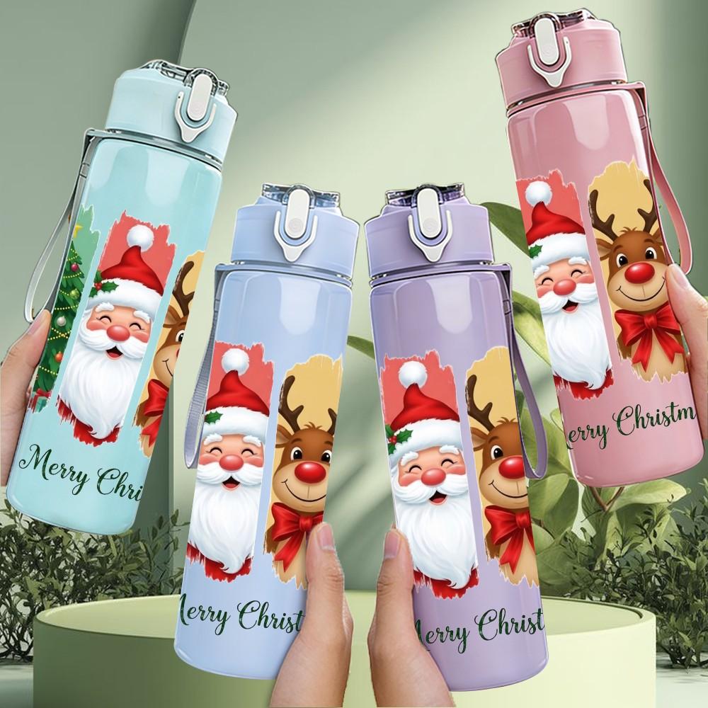1PC Christmas Sock Gift Festive Print 750ml Color Plastic Sports Water Bottle Leakproof Flip Straw Lid Suitable for Sports Office Home Use