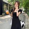 Fungus Edge Square Neck Short-sleeved Dress Strap Design Thin Bubble Sleeve A-word Short Dress Sweet and Spicy New Dress