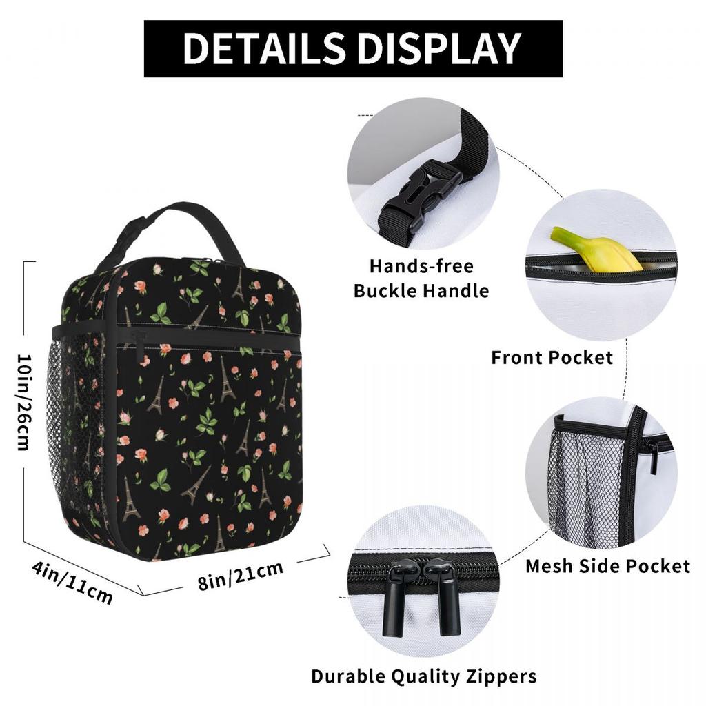 Themed Black Eiffel Iron Tower Design Insulated Lunch Bag for Women Kids Portable Food Boxes Thermal Lunch Box Tote