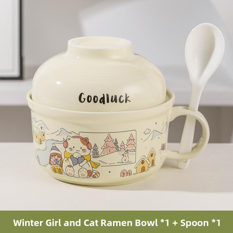 Ceramic Instant Noodles Bowl with Lid And Handle Dormitory Student Microwave Safe Soup Bowl Personal Special Bowl Cartoon Design