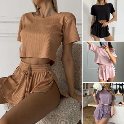 2 Pcs/Set Women Pajamas Set Round Neck Pure Color Short Sleeves T-shirt Elastic Waist Loose Sport Clothes Lady Exercise Top