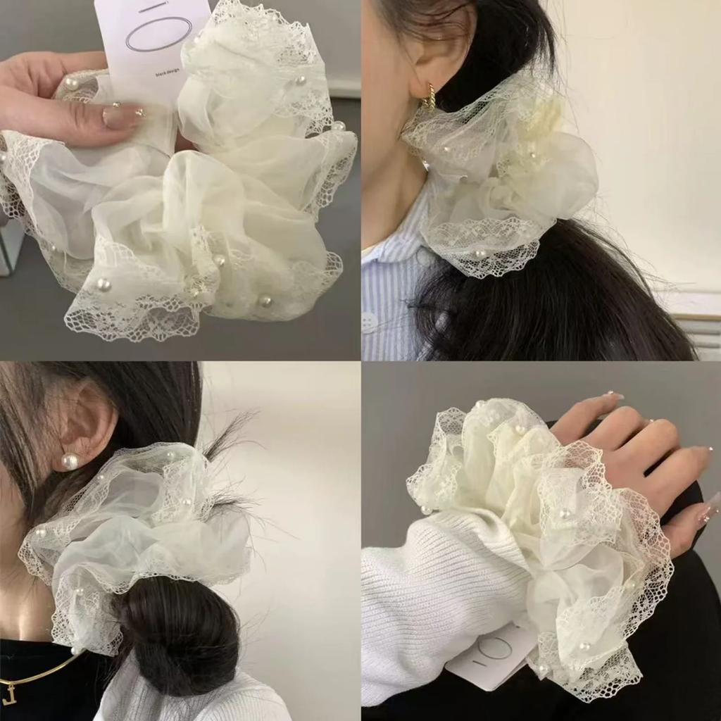 1PC Korean- tyle Dongdaemun-Inspired Lace and Pearl White Sheer Chunky Hair Scrunchie, Sweet and Gentle Hair Accessory for Women