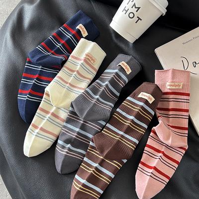 Retro Color-blocking Striped Socks for Women, Mid-calf Socks In Autumn, Trendy Letter-label Pile Socks, Boneless Socks