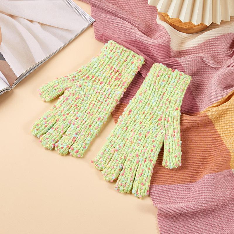 New Knitted Gloves for Women with Velvet Candy Color Warm and Cold-proof Fashion Finger Revealing Korean Gloves