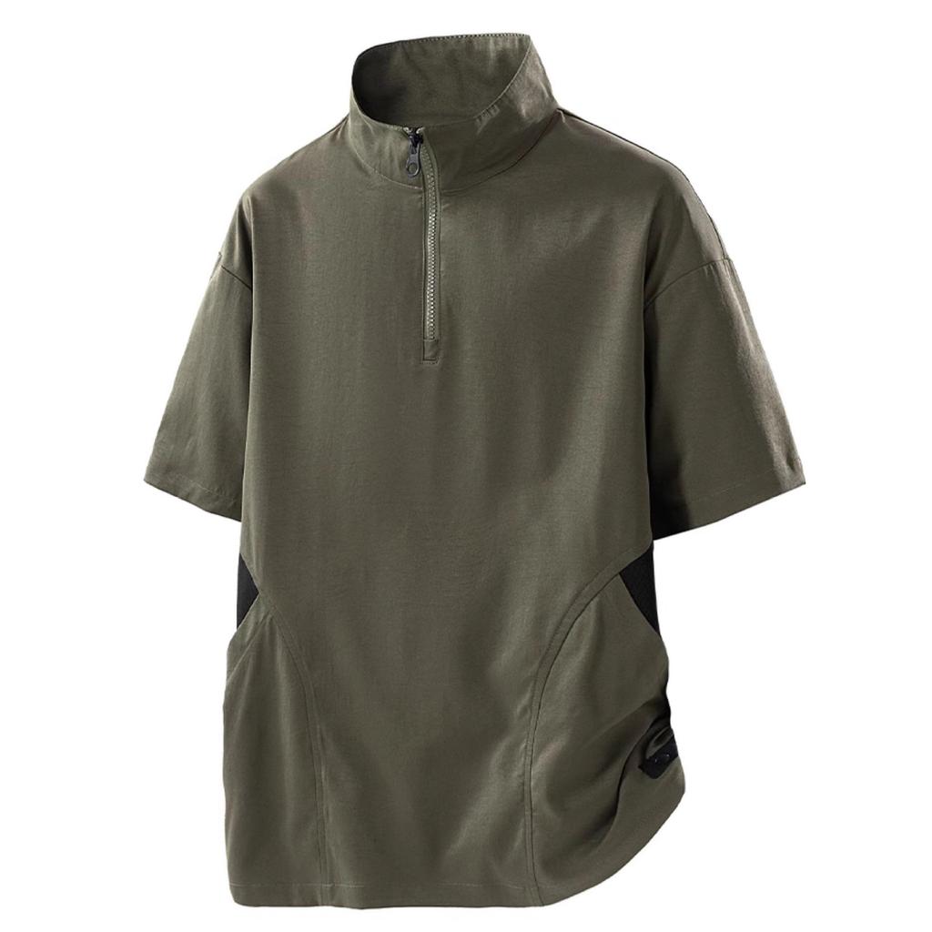Summer Stand-up Collar Men's T-shirt American Loose Thin Short-sleeved Half-zipper Breathable Top