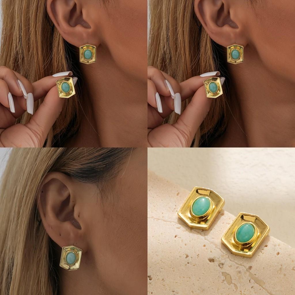Classy Gold Plated Earrings Fashionable Natural Stone Geometric Studs For Women
